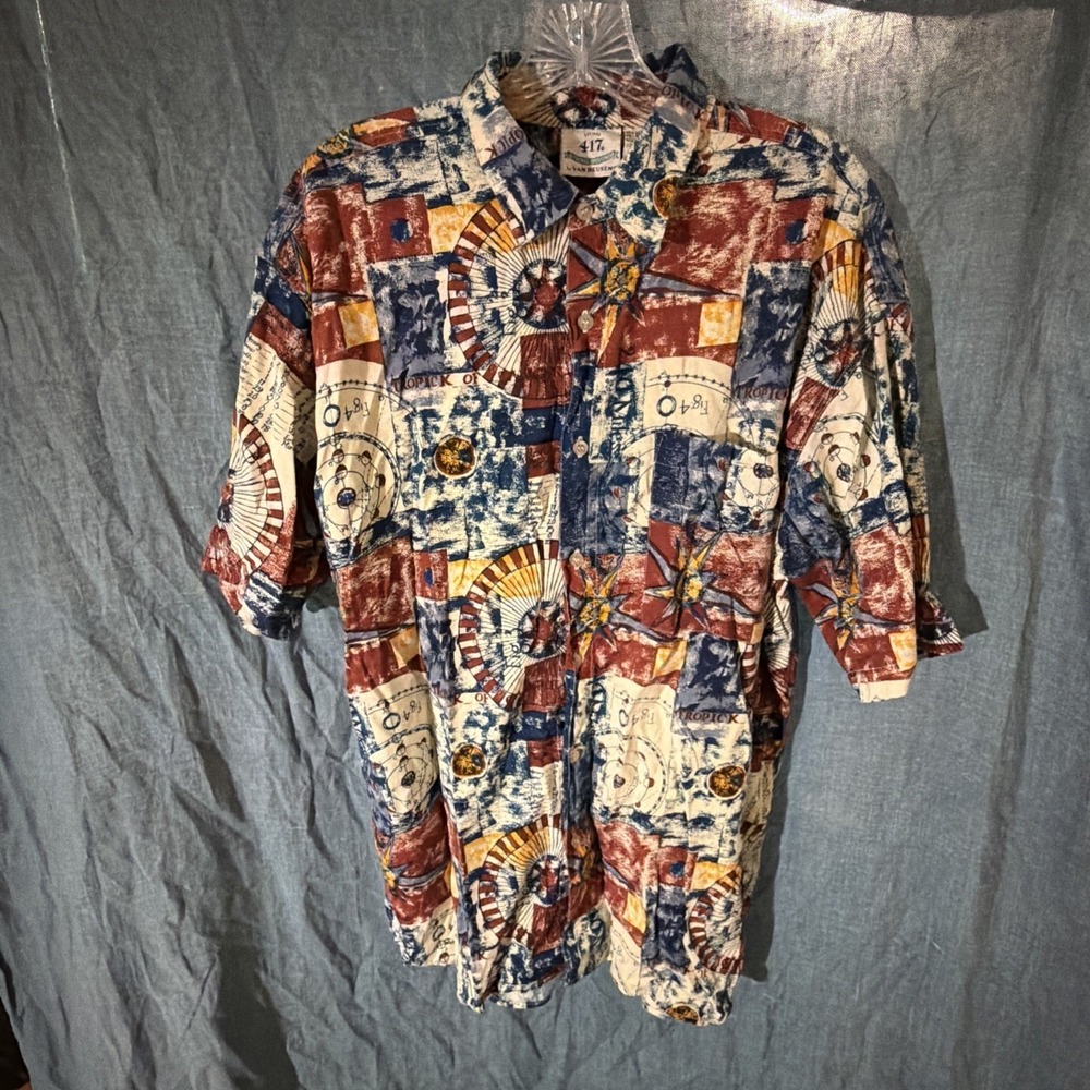 Van Heusen 417 Mens Celestial Nautical Map Print Short Sleeve Button Up Shirt M